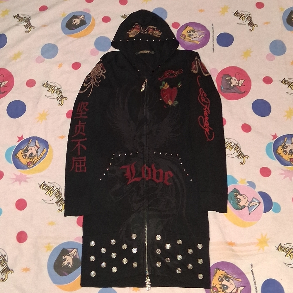 Y2K Ed Hardy Christian Audiger Vintage Zip Up Hoodie Sweater Dress